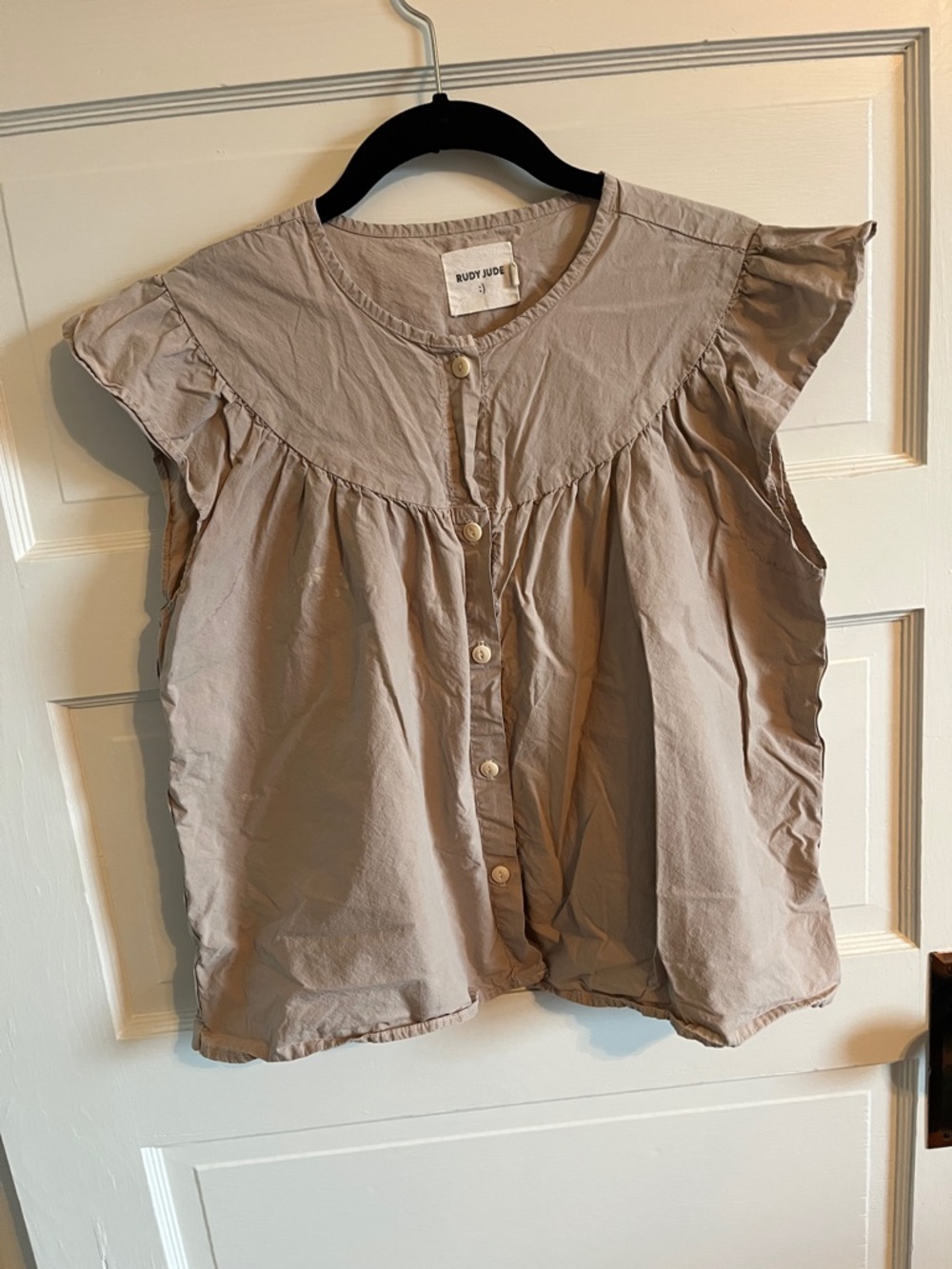 Rudy Jude Sleeveless Button-Front Ruffle Yoke Top in Taupe